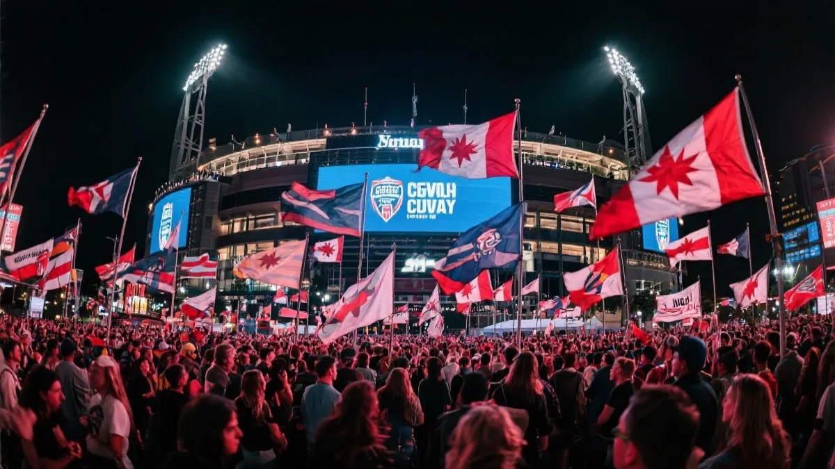 北美主办城市夜景与球迷涌向球场的动线，表现赛事热度与积分榜影响